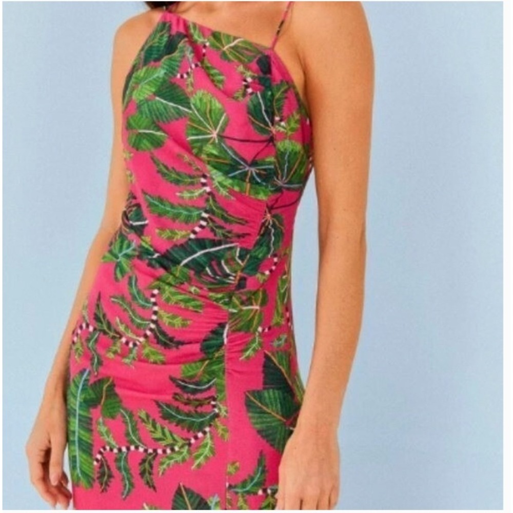 Farm Rio Pink Tropical Palm Leaf Print Ruched Side Spaghetti Strap Maxi Dress - Picture 2 of 10